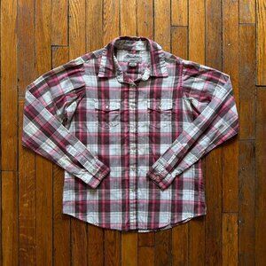 Vintage 90s Wrangler Wrancher Western Shirts Men M White Burgundy Plaid Pearl Sn